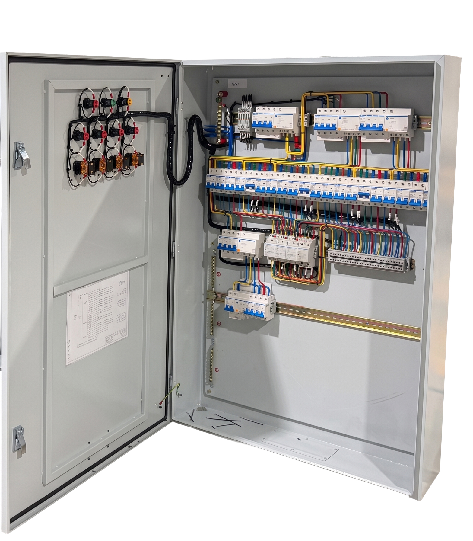 Door-open view of a sub-distribution board showing MCBs, RCCBs, and internal wiring layout