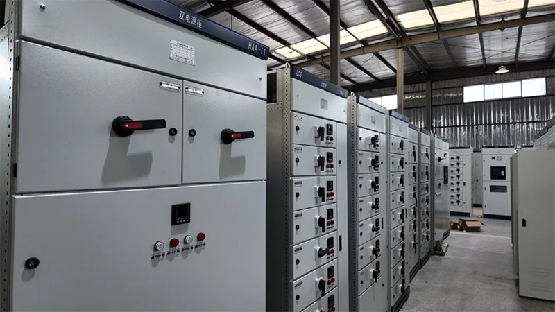 industrial factory electrical room with electrical panel and transfer switch
