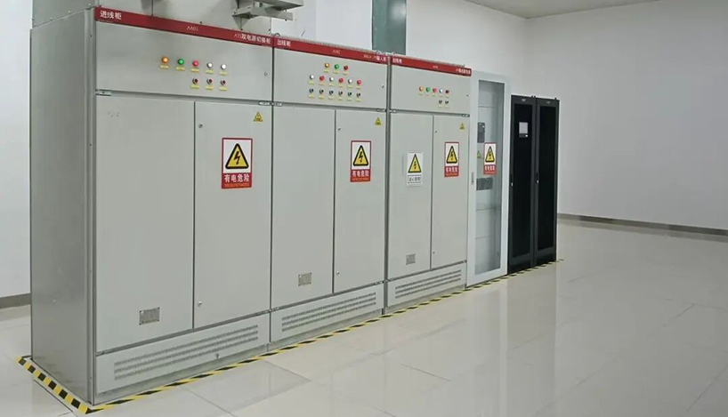 commercial building electrical distribution room with power distribution board and switchgear panels installed