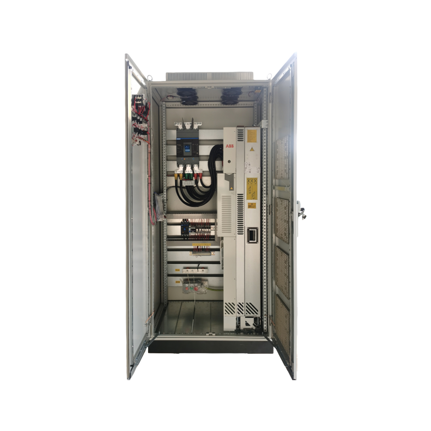 VFD panel door open showing internal components including drives and control wiring