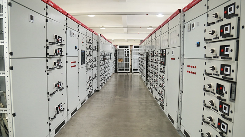 industrial factory power distribution room with low voltage switchgear panels