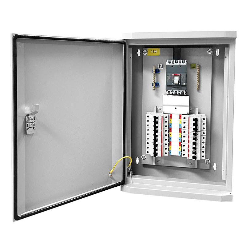 A wall-mounted power distribution enclosure box used for local circuit protection in industrial environments