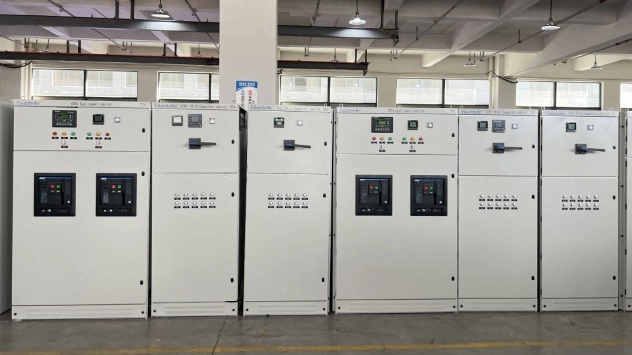 commercial building power distribution room with electrical switchgear panels installed